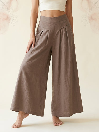 Cotton-Linen Wide-Leg Pants with Pockets in Sienna, front view