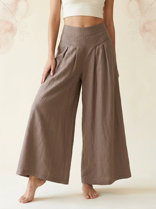 Cotton-Linen Wide-Leg Pants with Pockets in Sienna