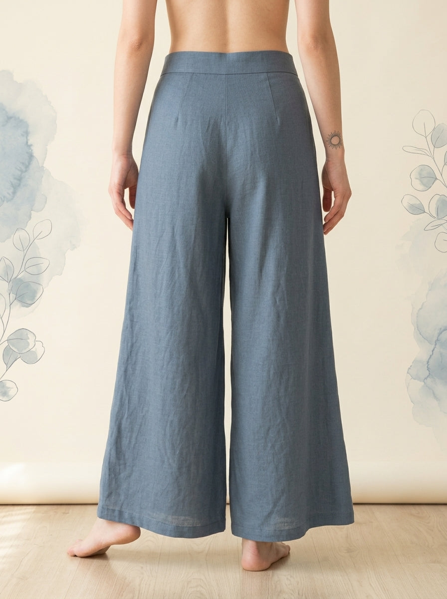 Cotton-Linen Wide-Leg Pants with Pockets in Steel Blue, back view