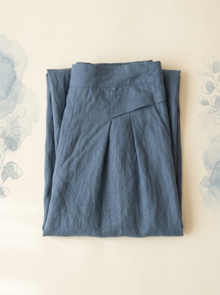 Cotton-Linen Wide-Leg Pants with Pockets in Steel Blue, folded flat
