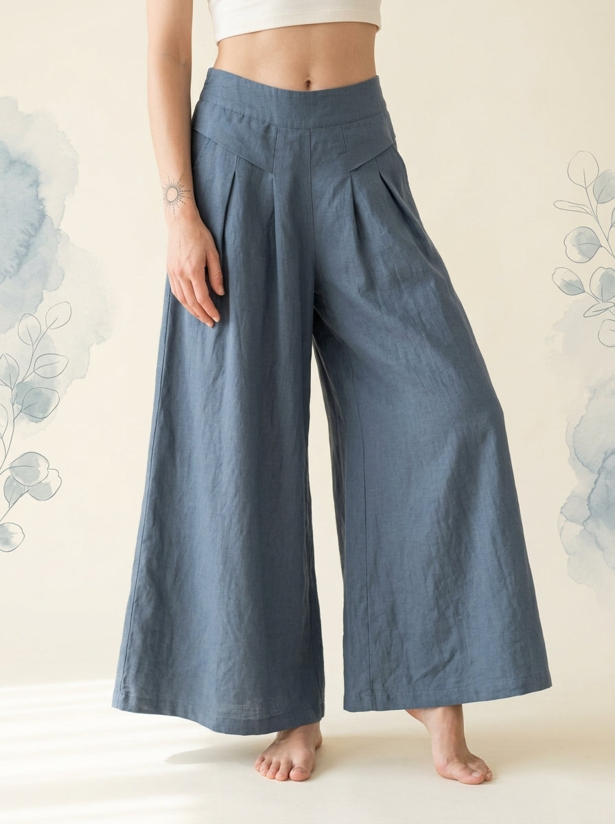 Cotton-Linen Wide-Leg Pants with Pockets in Steel Blue, front view