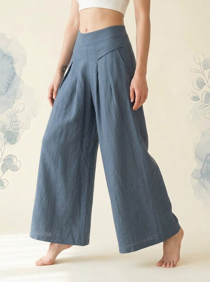 Cotton-Linen Wide-Leg Pants with Pockets in Steel Blue, side view