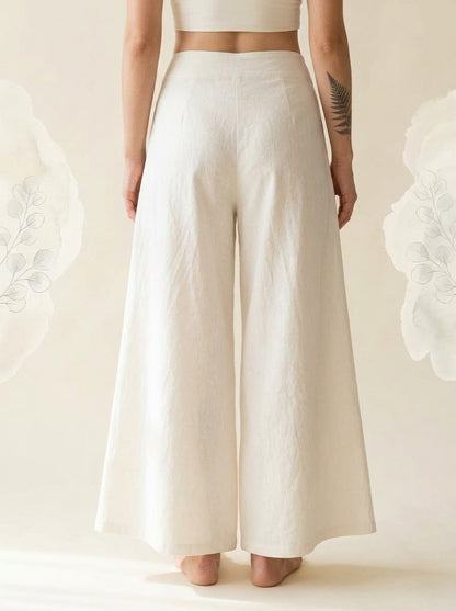 Cotton-Linen Wide-Leg Pants with Pockets in White, back view