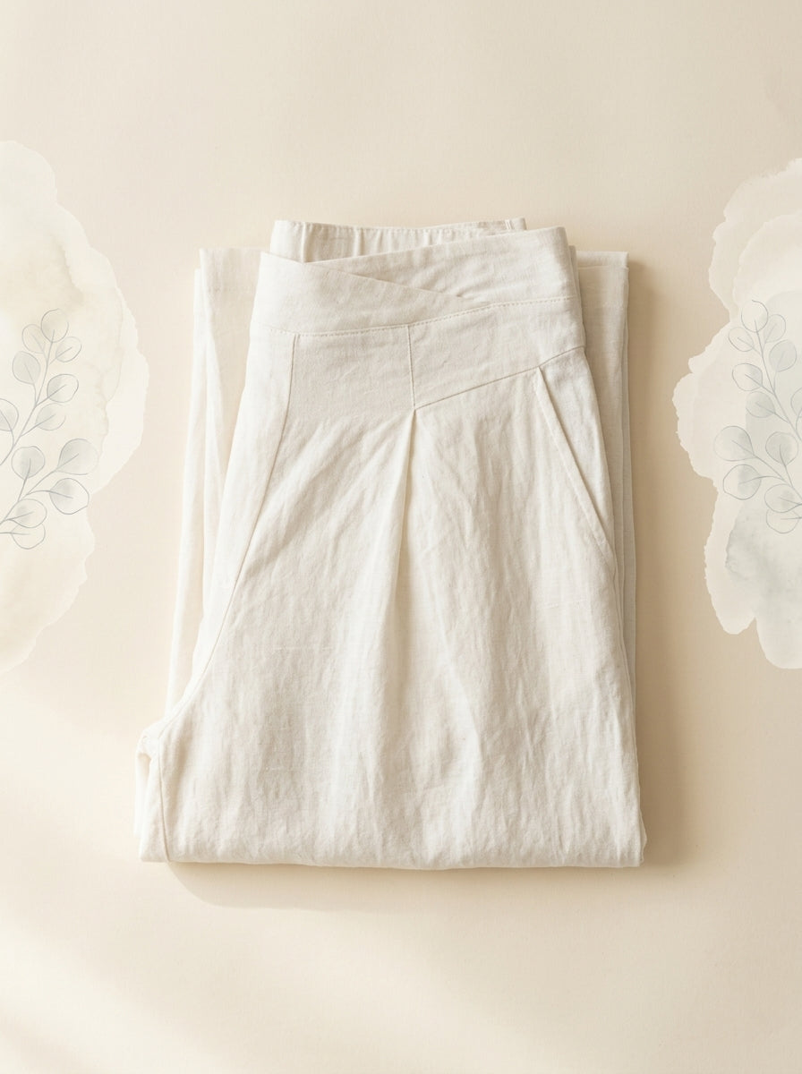 Cotton-Linen Wide-Leg Pants with Pockets in White, folded flat