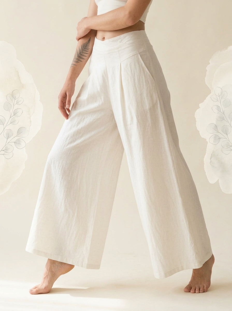 Cotton-Linen Wide-Leg Pants with Pockets in White, side view