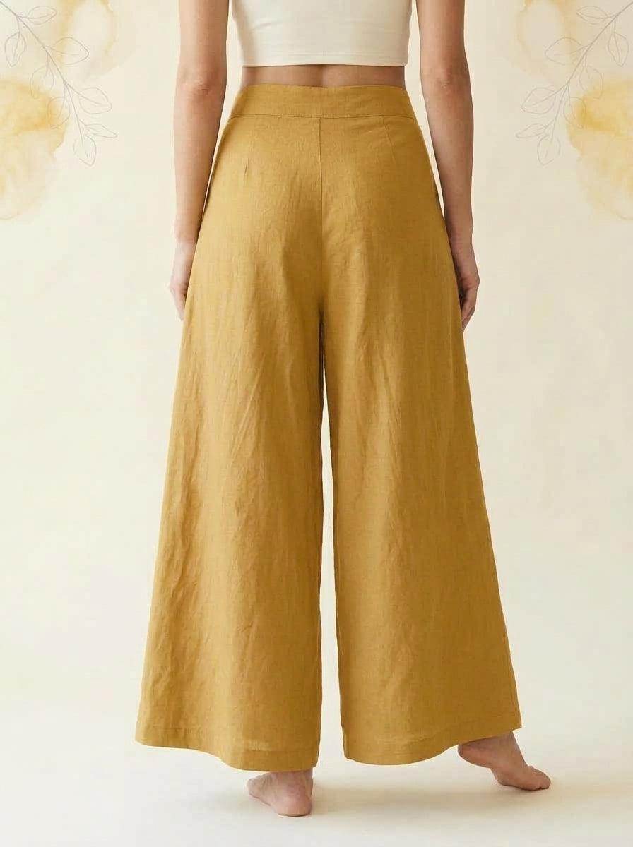 Cotton-Linen Wide-Leg Pants with Pockets in Yellow, back view