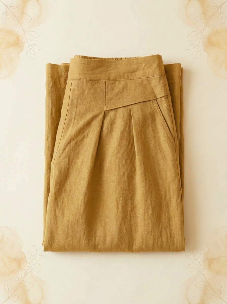 Cotton-Linen Wide-Leg Pants with Pockets in Yellow, folded flat