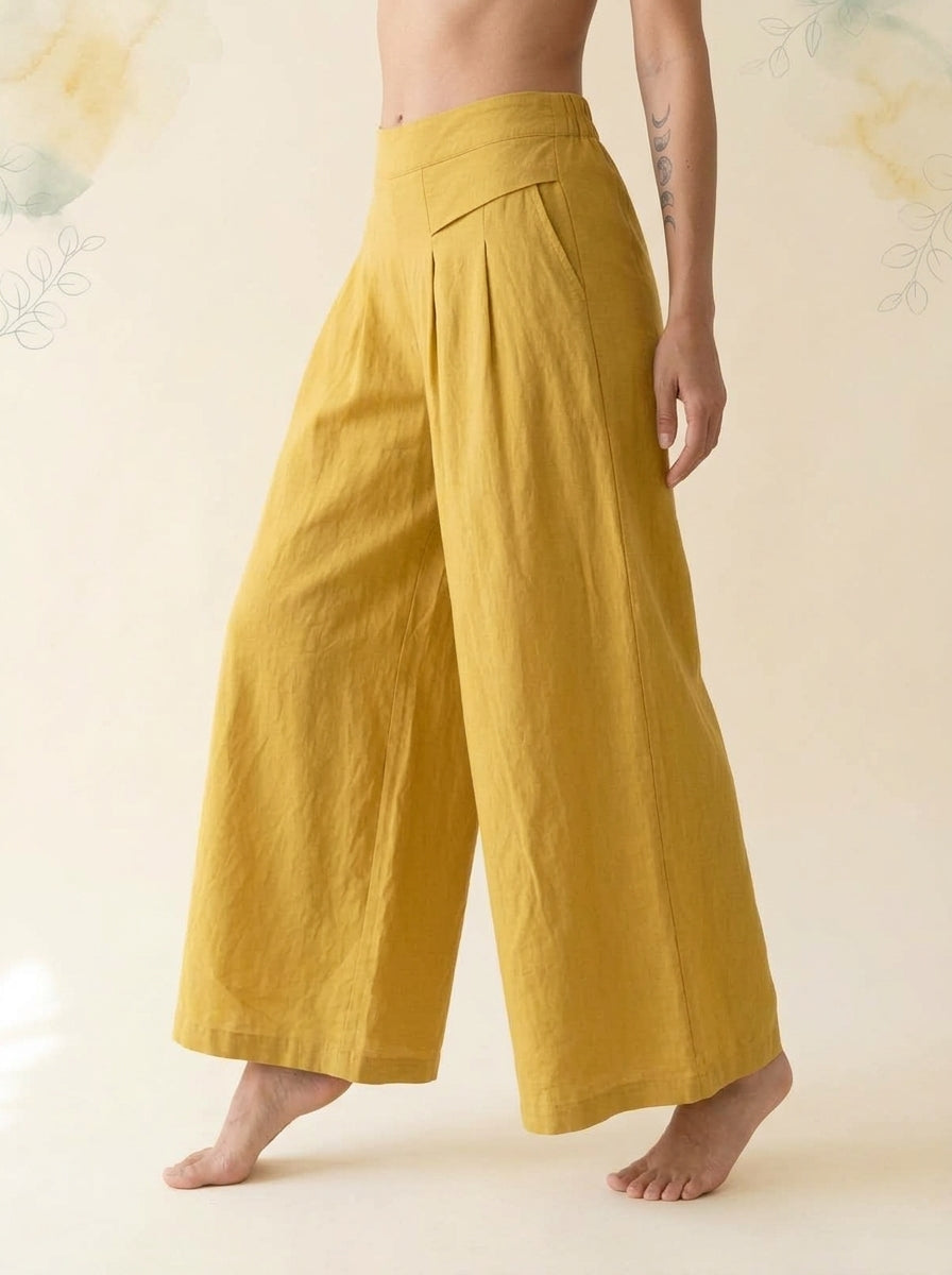 Cotton-Linen Wide-Leg Pants with Pockets in Yellow, side view
