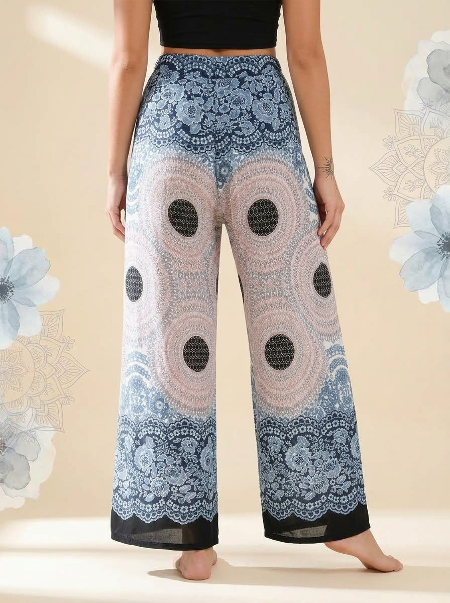 Mandala Wrap Palazzo Pants in Ice Blue, back view