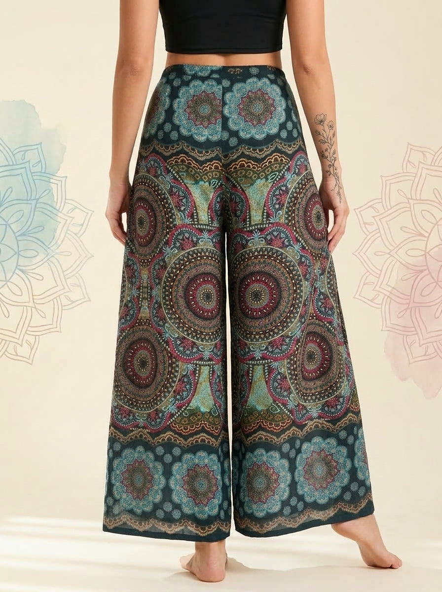 Mandala Wrap Palazzo Pants in Jade Mandala, back view