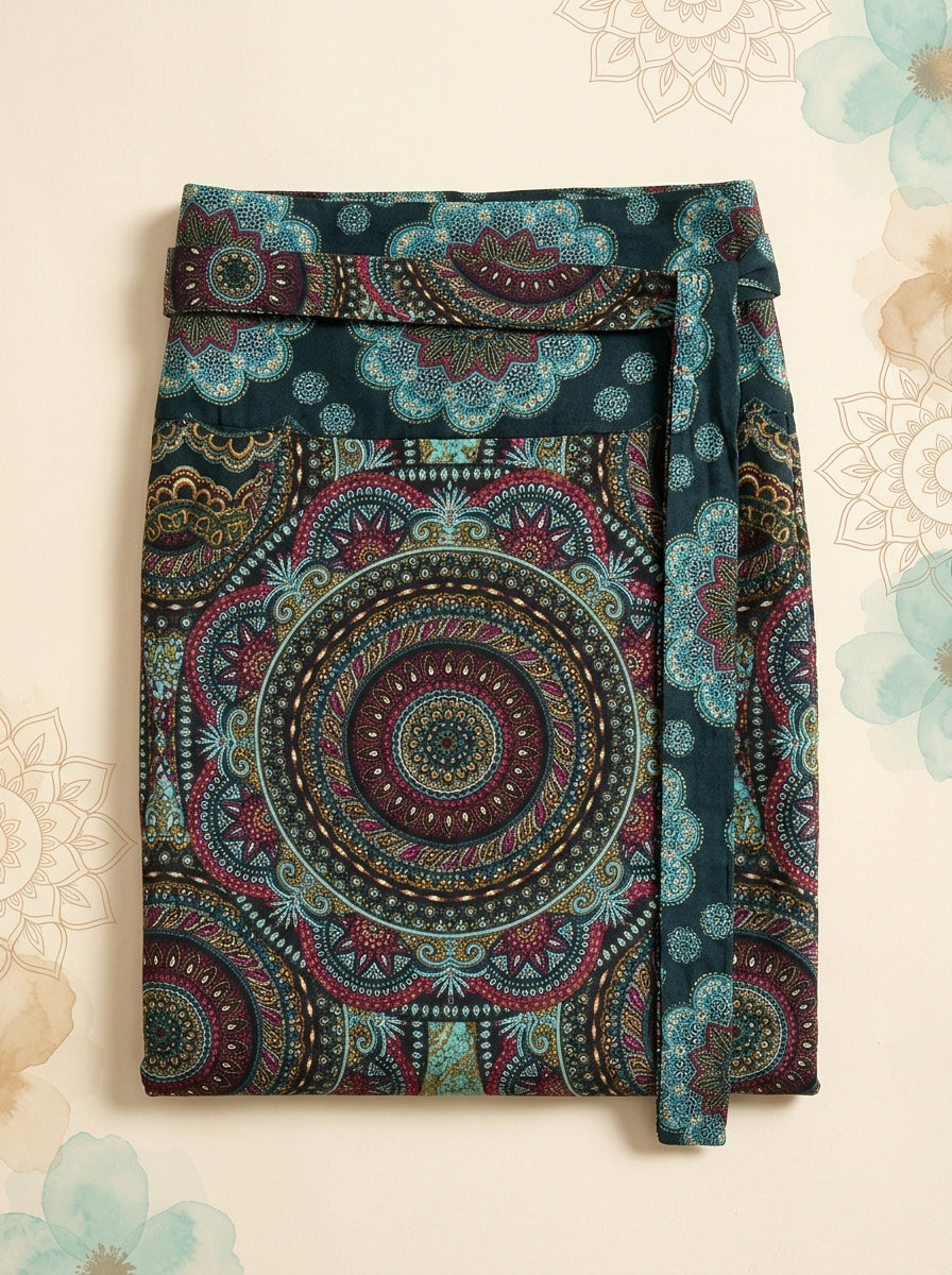 Mandala Wrap Palazzo Pants in Jade Mandala, folded flat