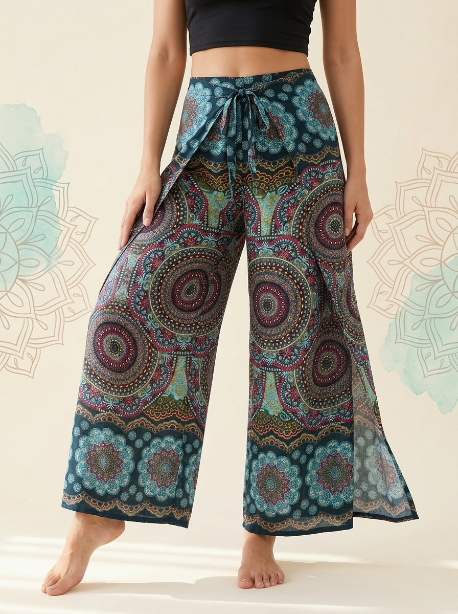 Mandala Wrap Palazzo Pants in Jade Mandala, front view