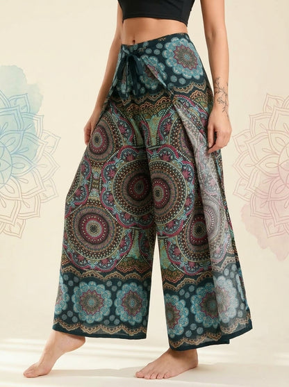 Mandala Wrap Palazzo Pants in Jade Mandala, side view
