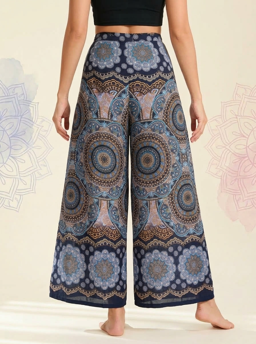 Mandala Wrap Palazzo Pants in Navy Mandala, back view