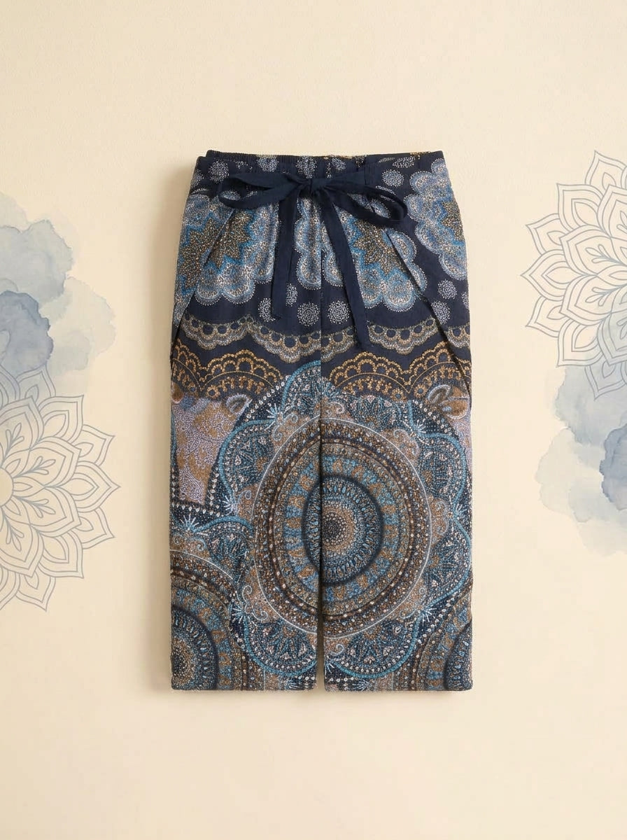 Mandala Wrap Palazzo Pants in Navy Mandala, folded flat
