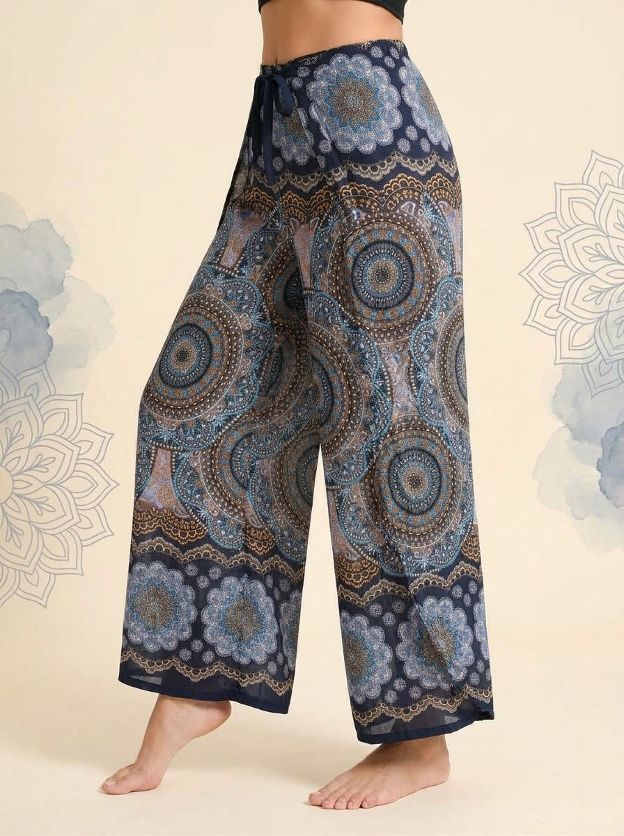 Mandala Wrap Palazzo Pants in Navy Mandala, side view
