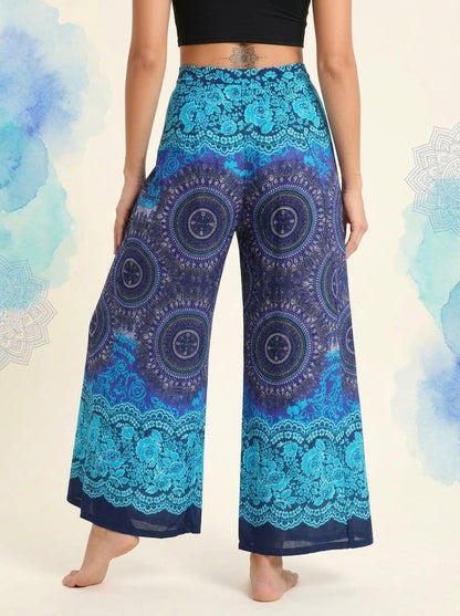 Mandala Wrap Palazzo Pants in Ocean Blue, back view