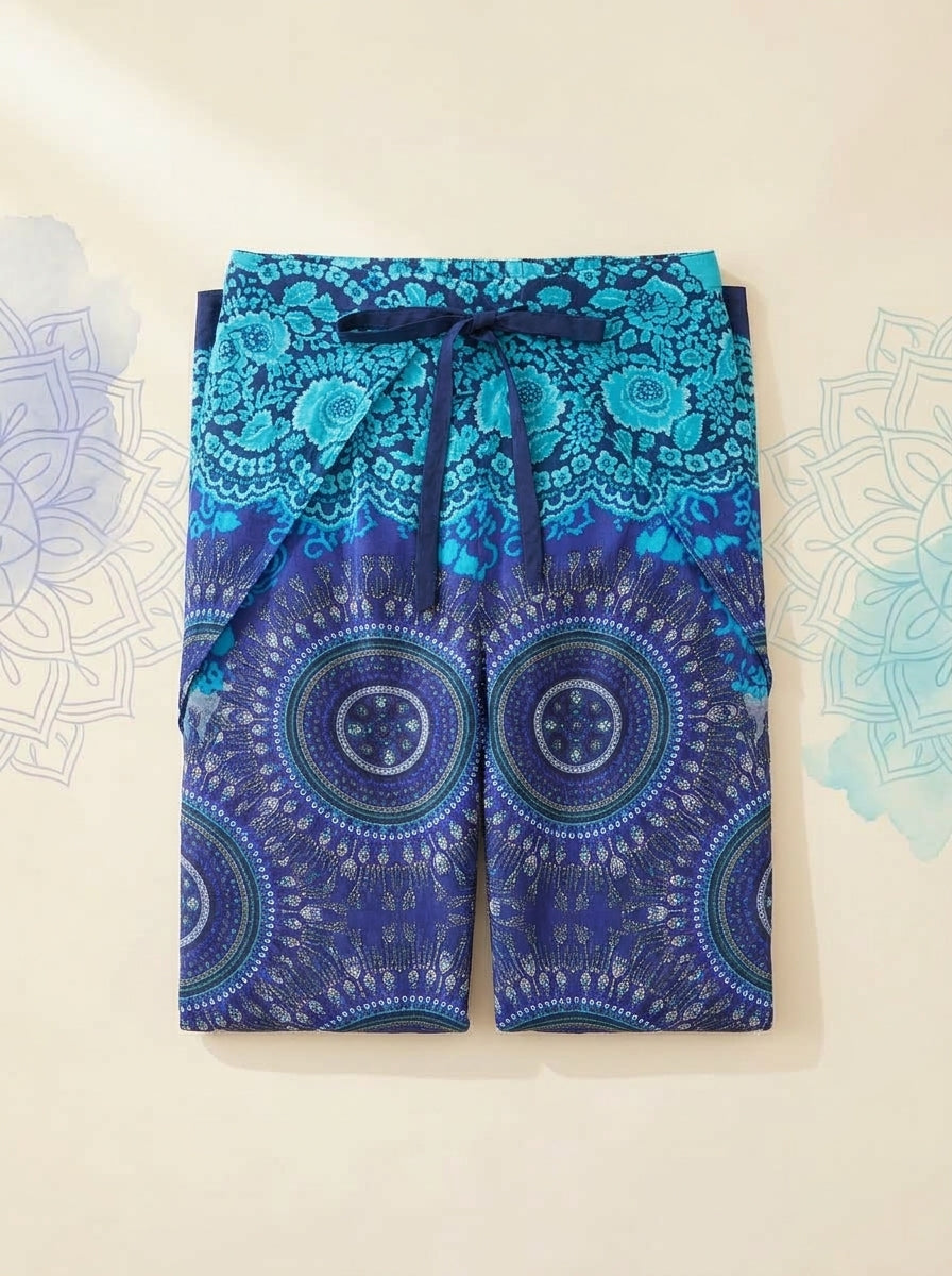 Mandala Wrap Palazzo Pants in Ocean Blue, folded flat