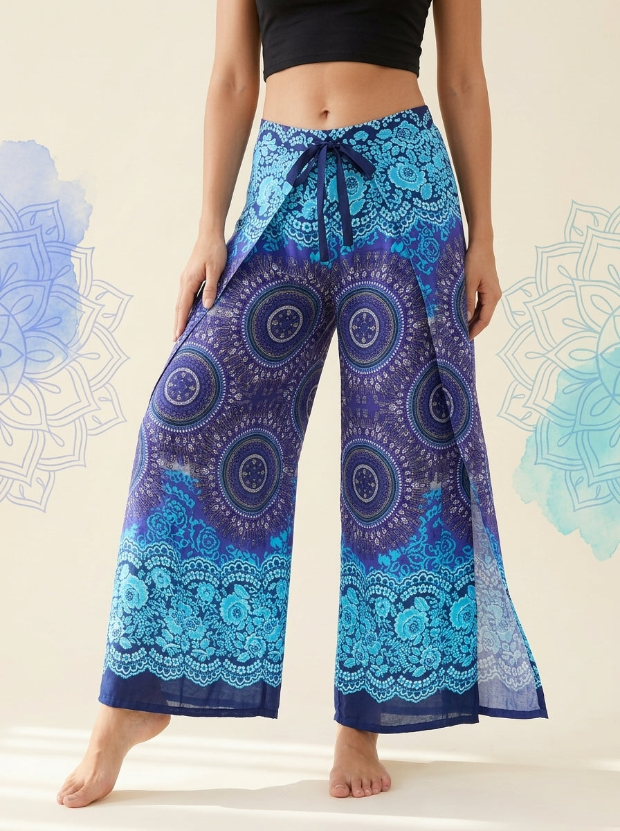 Mandala Wrap Palazzo Pants in Ocean Blue, front view