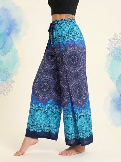Mandala Wrap Palazzo Pants in Ocean Blue, side view