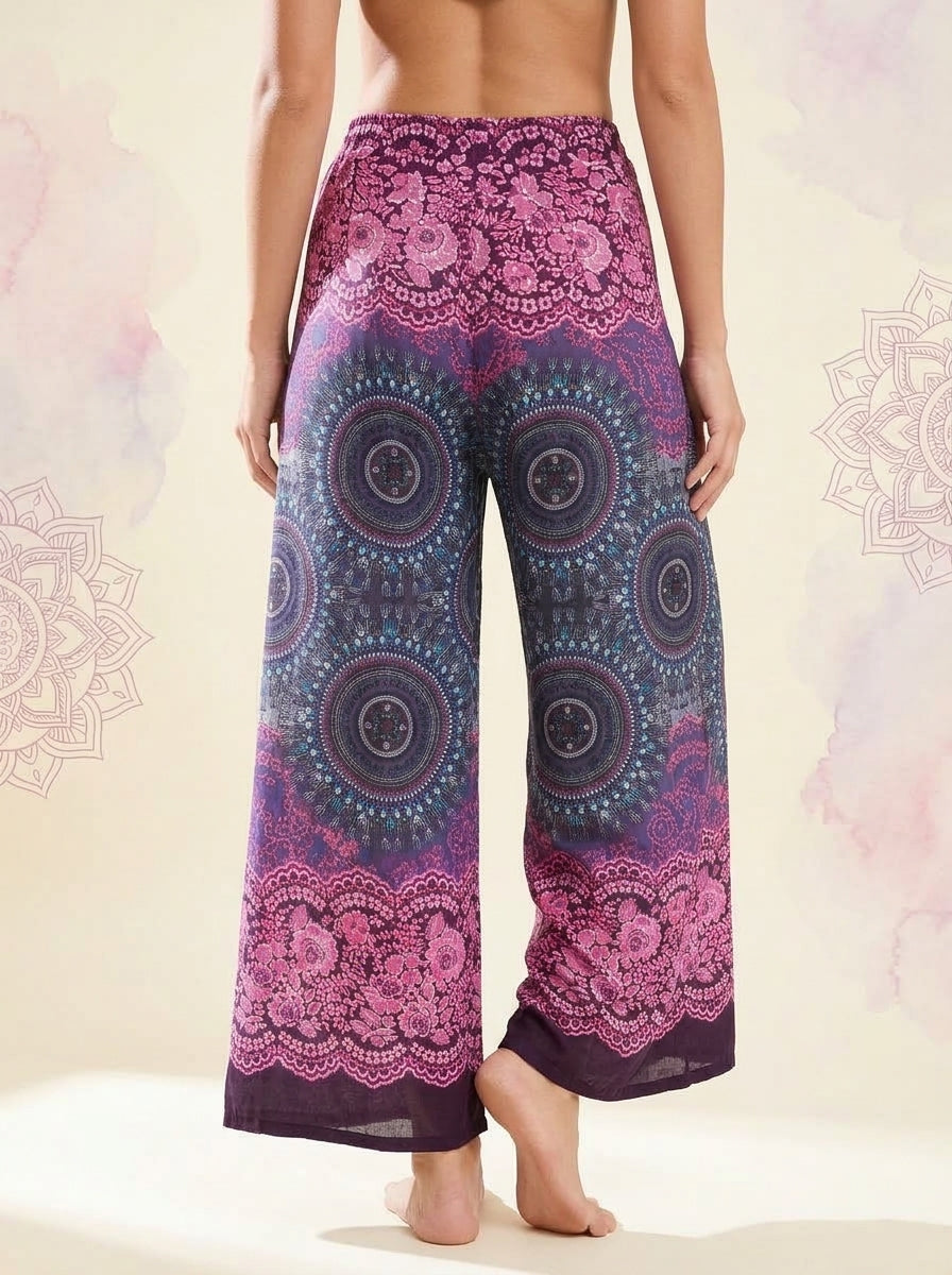 Mandala Wrap Palazzo Pants in Orchid Navy, back view