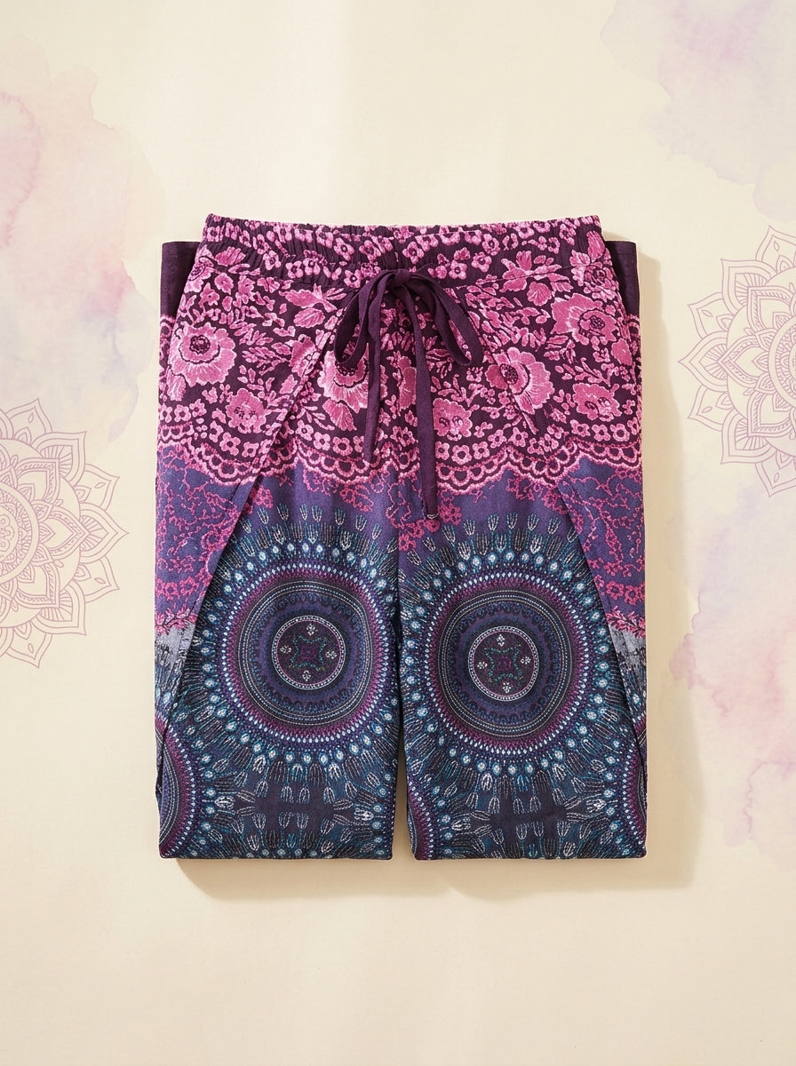 Mandala Wrap Palazzo Pants in Orchid Navy, folded flat