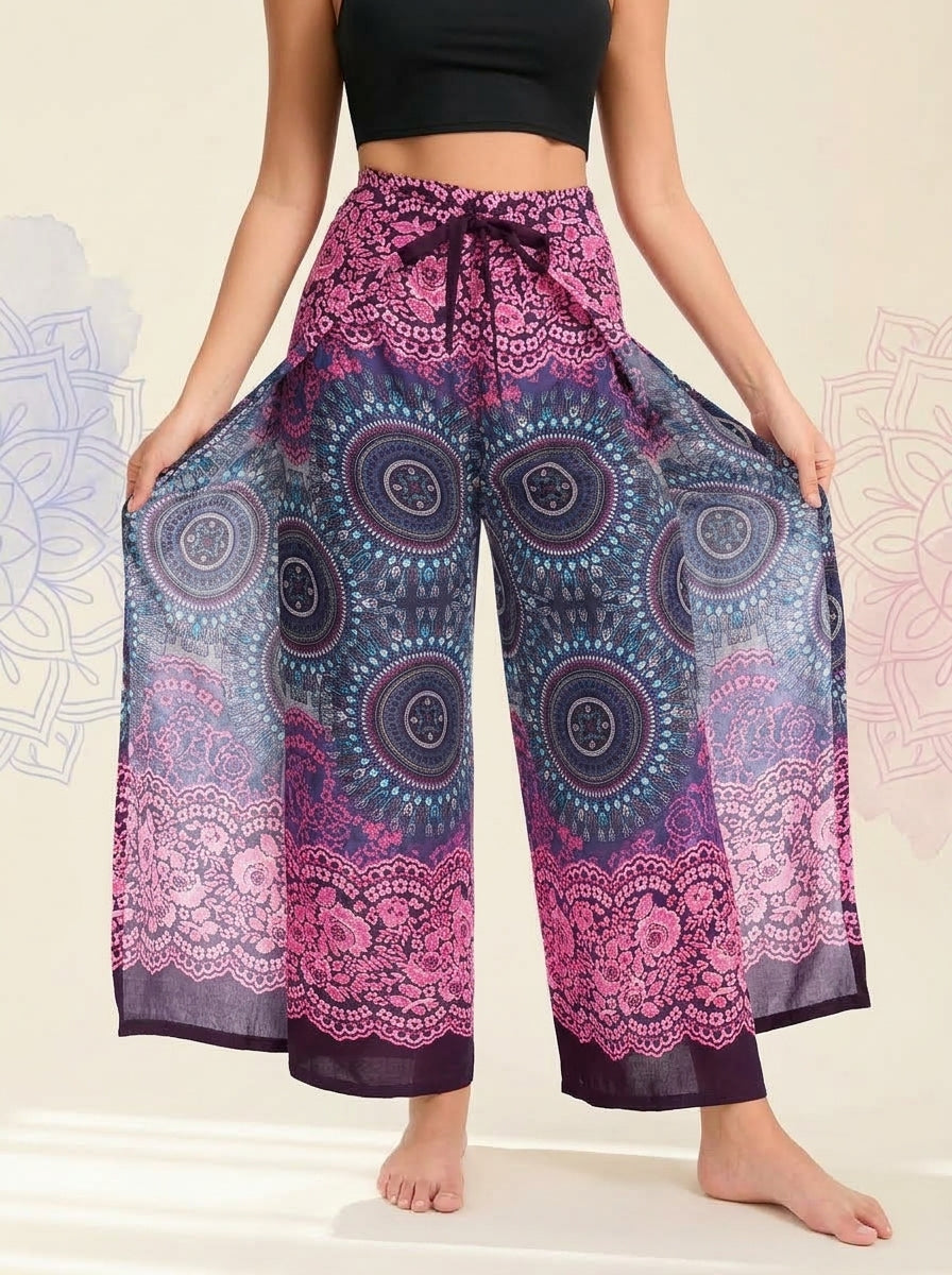 Mandala Wrap Palazzo Pants in Orchid Navy, front view