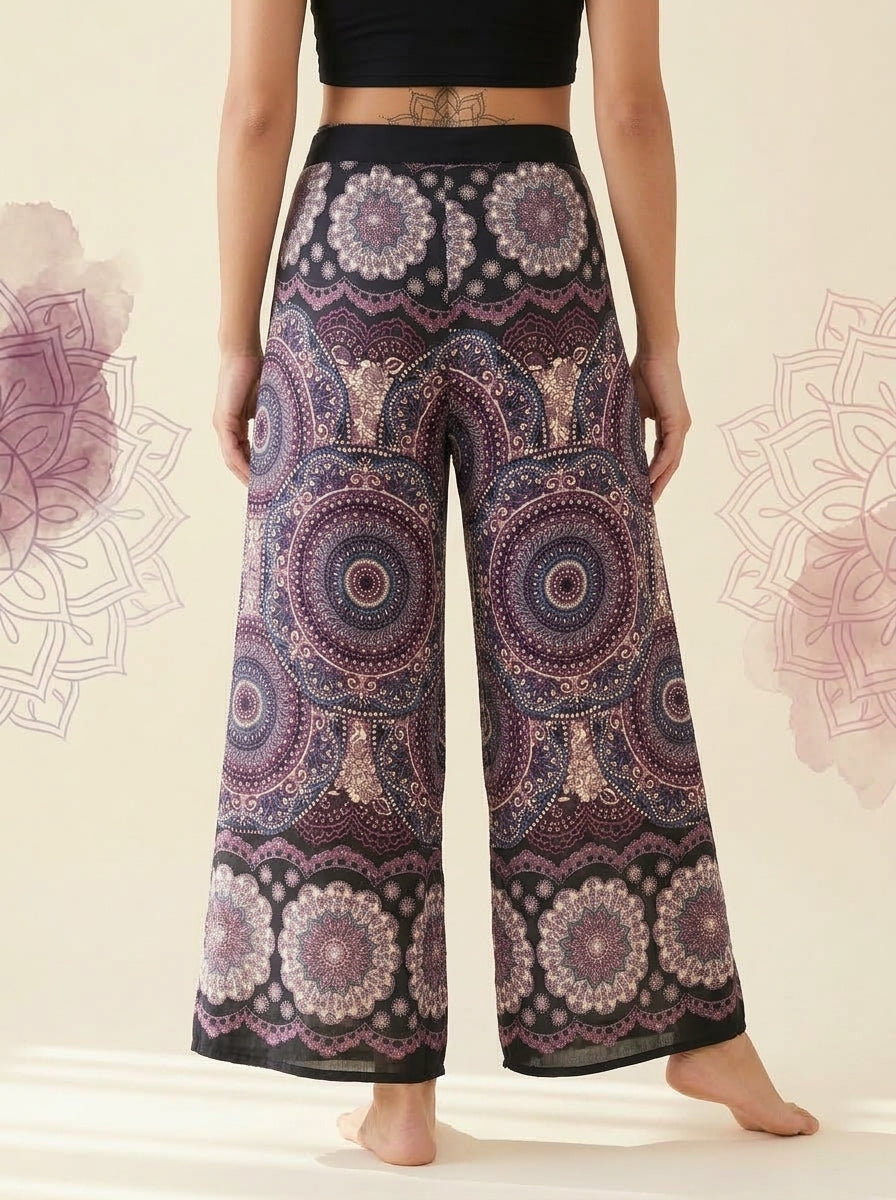 Mandala Wrap Palazzo Pants in Plum Mandala, back view
