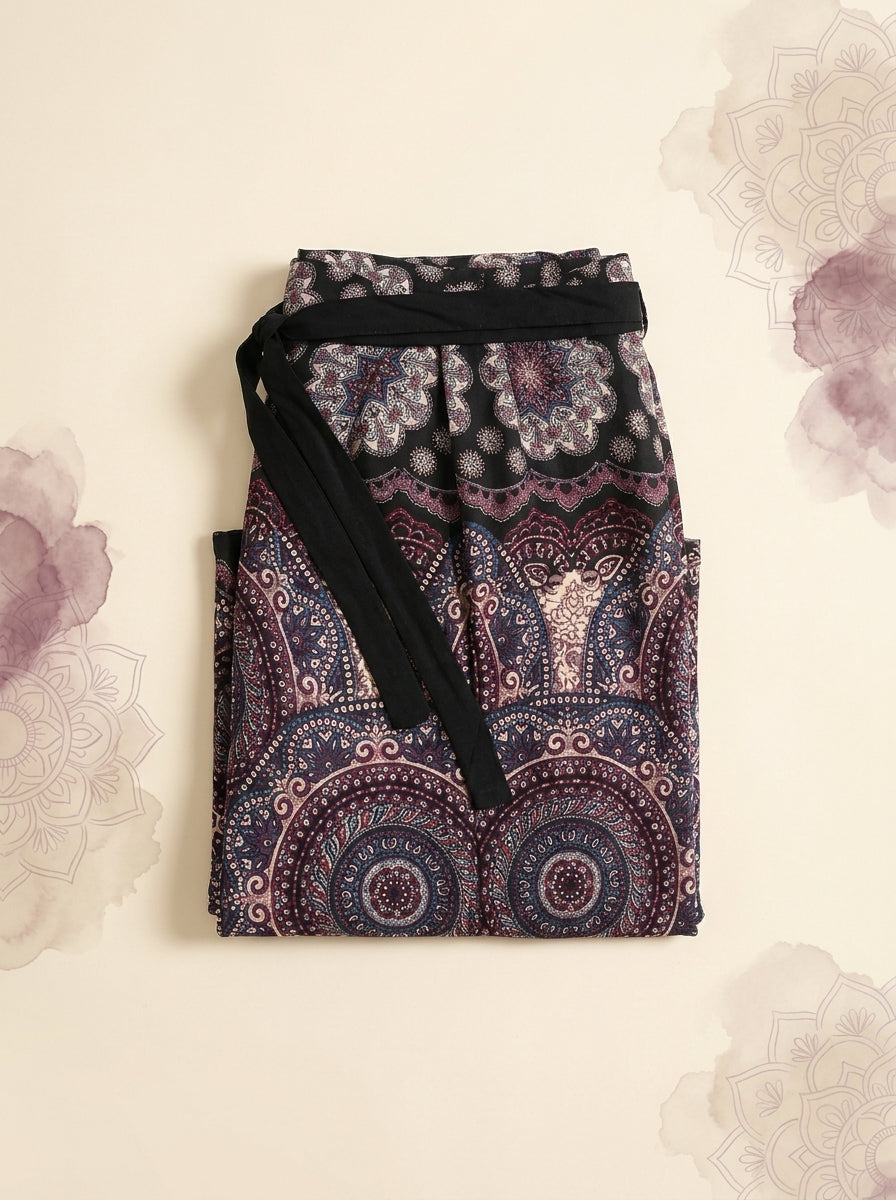 Mandala Wrap Palazzo Pants in Plum Mandala, folded flat