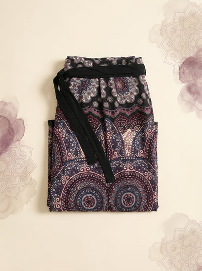 Mandala Wrap Palazzo Pants in Plum Mandala, folded flat
