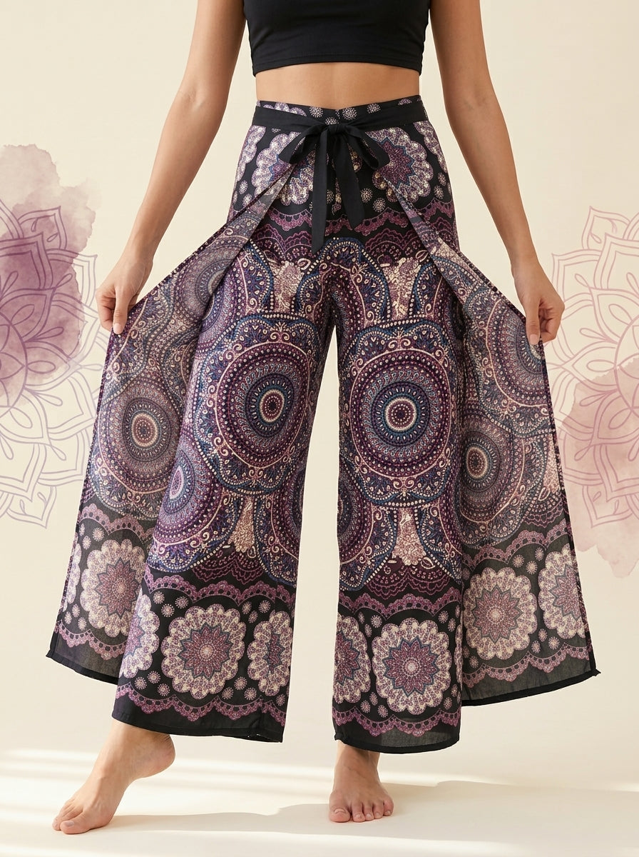 Mandala Wrap Palazzo Pants in Plum Mandala, front view