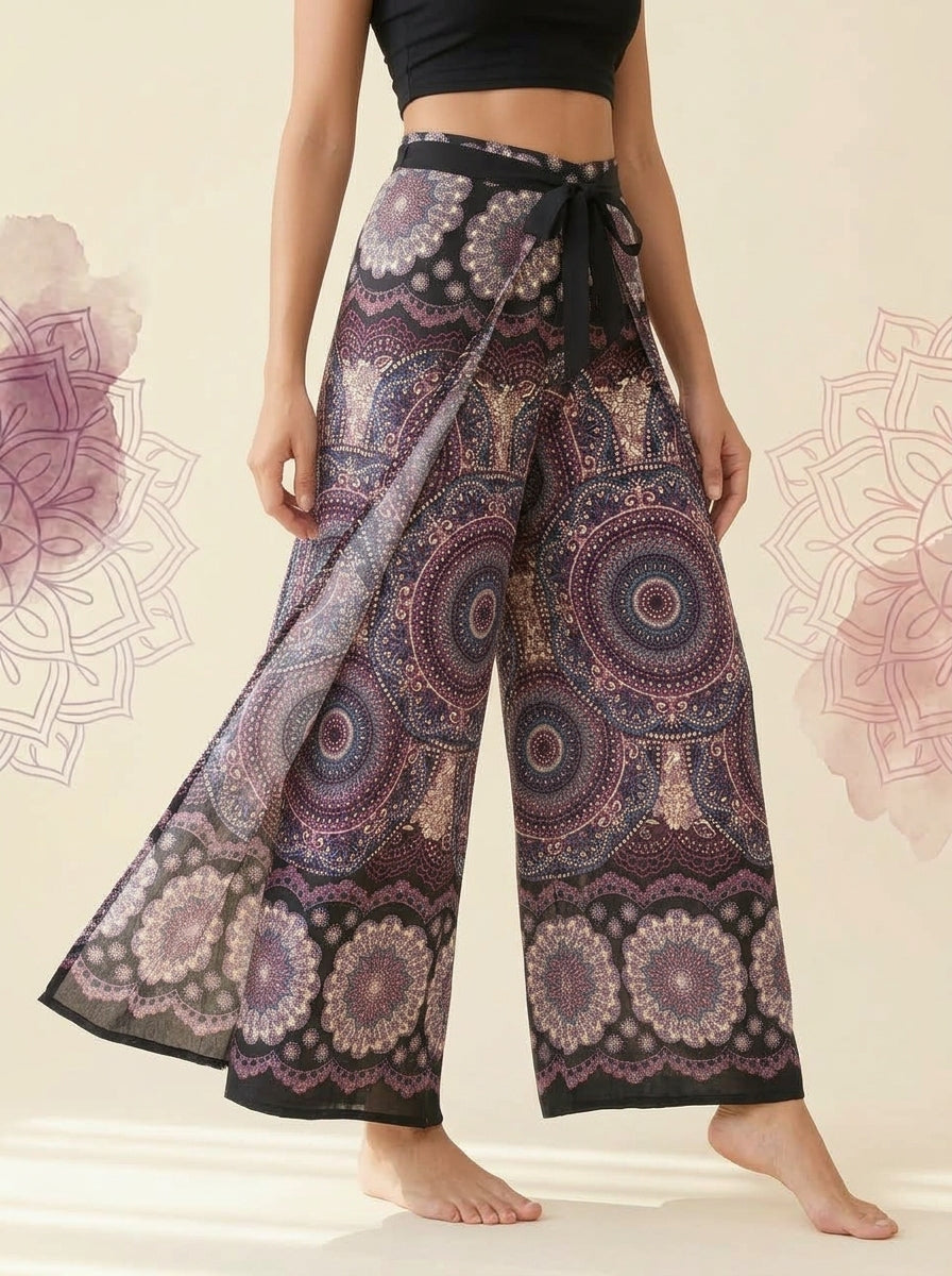 Mandala Wrap Palazzo Pants in Plum Mandala, side view