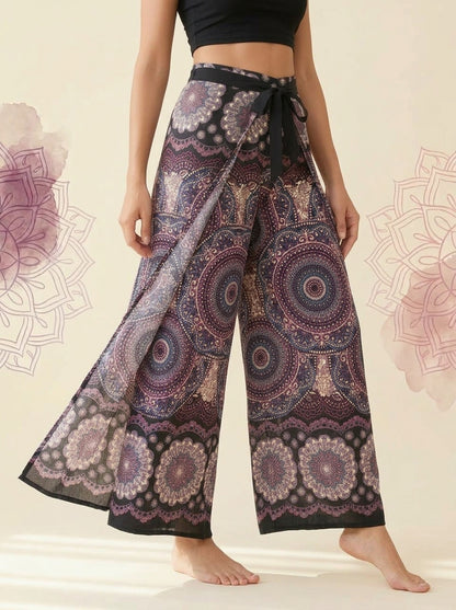 Mandala Wrap Palazzo Pants in Plum Mandala, side view