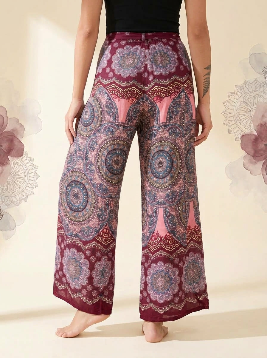 Mandala Wrap Palazzo Pants in Rose Maroon, back view