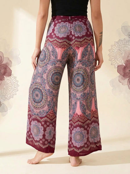 Mandala Wrap Palazzo Pants in Rose Maroon, back view