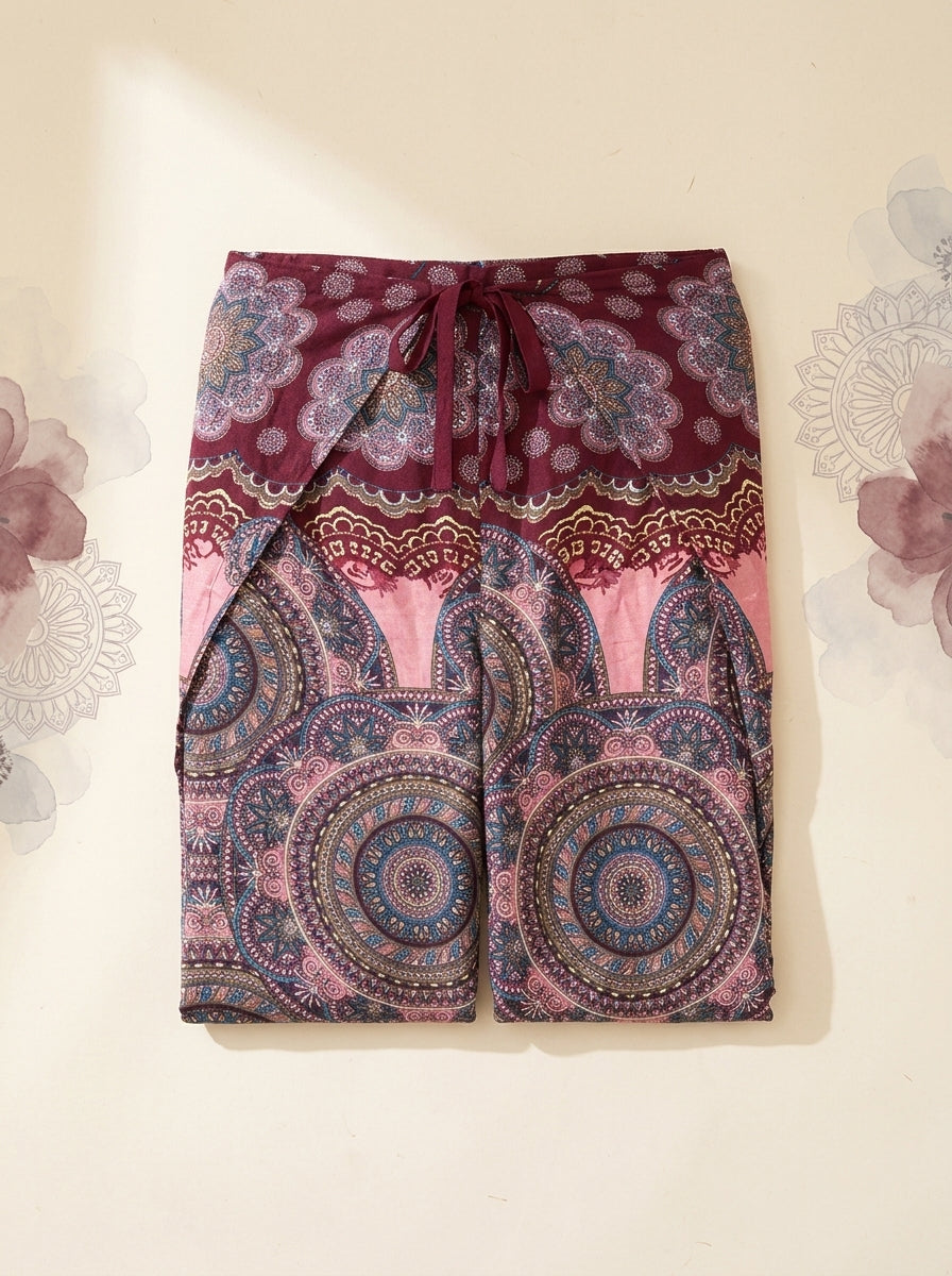 Mandala Wrap Palazzo Pants in Rose Maroon, folded flat