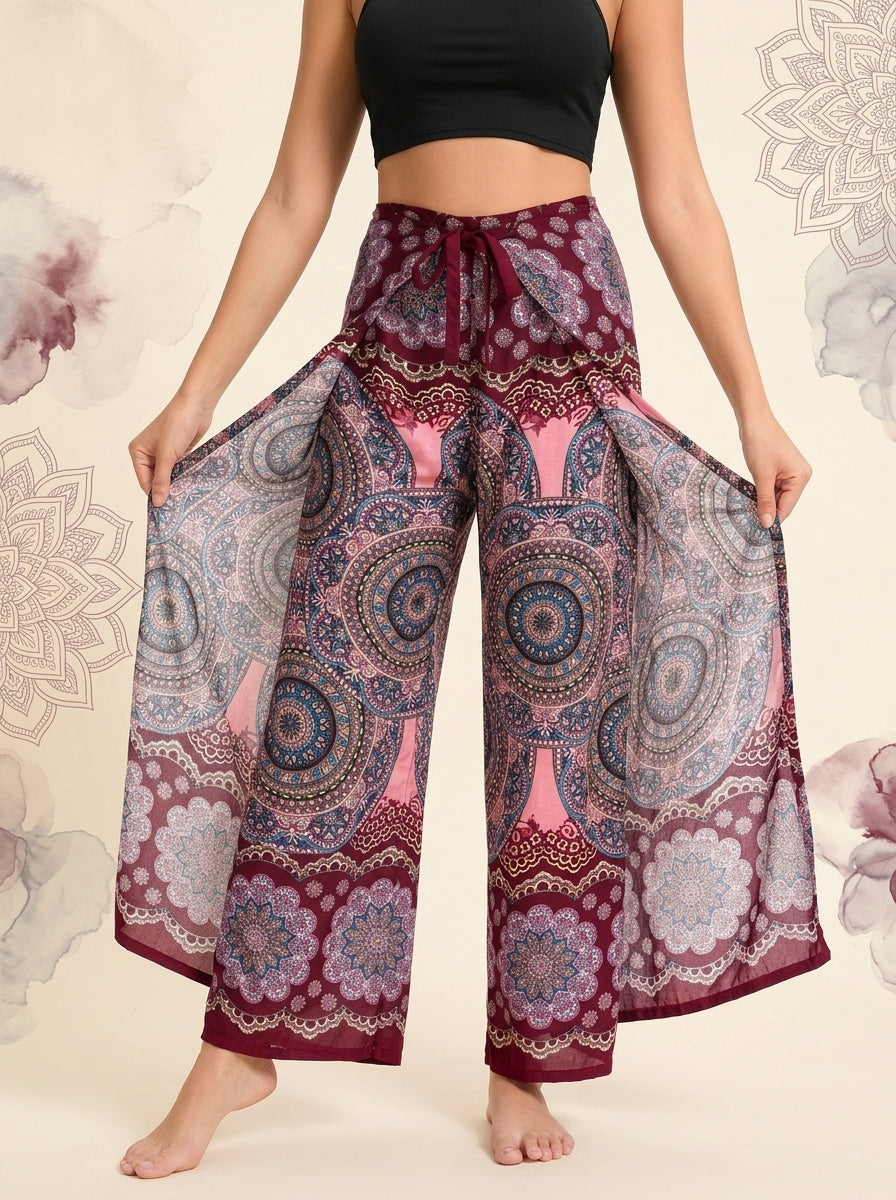 Mandala Wrap Palazzo Pants in Rose Maroon, front view