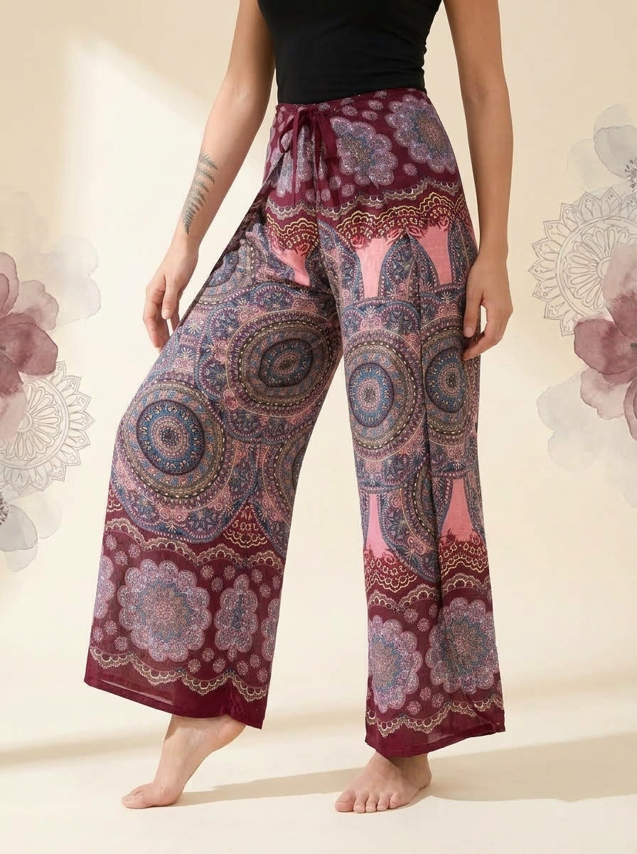 Mandala Wrap Palazzo Pants in Rose Maroon, side view