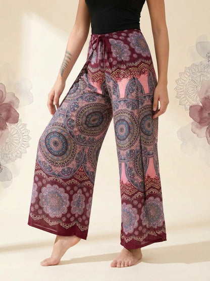 Mandala Wrap Palazzo Pants in Rose Maroon, side view