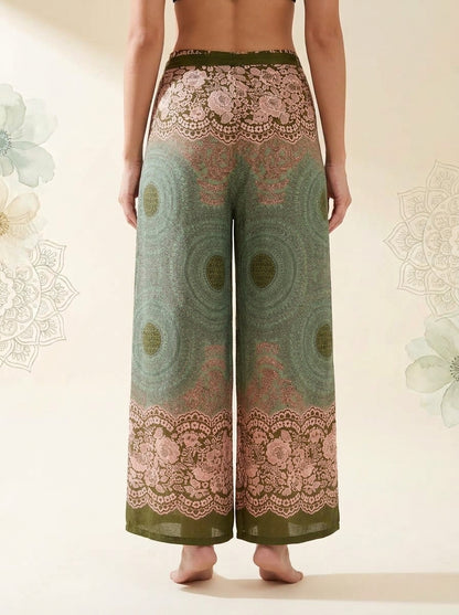 Mandala Wrap Palazzo Pants in Sage Rose, back view