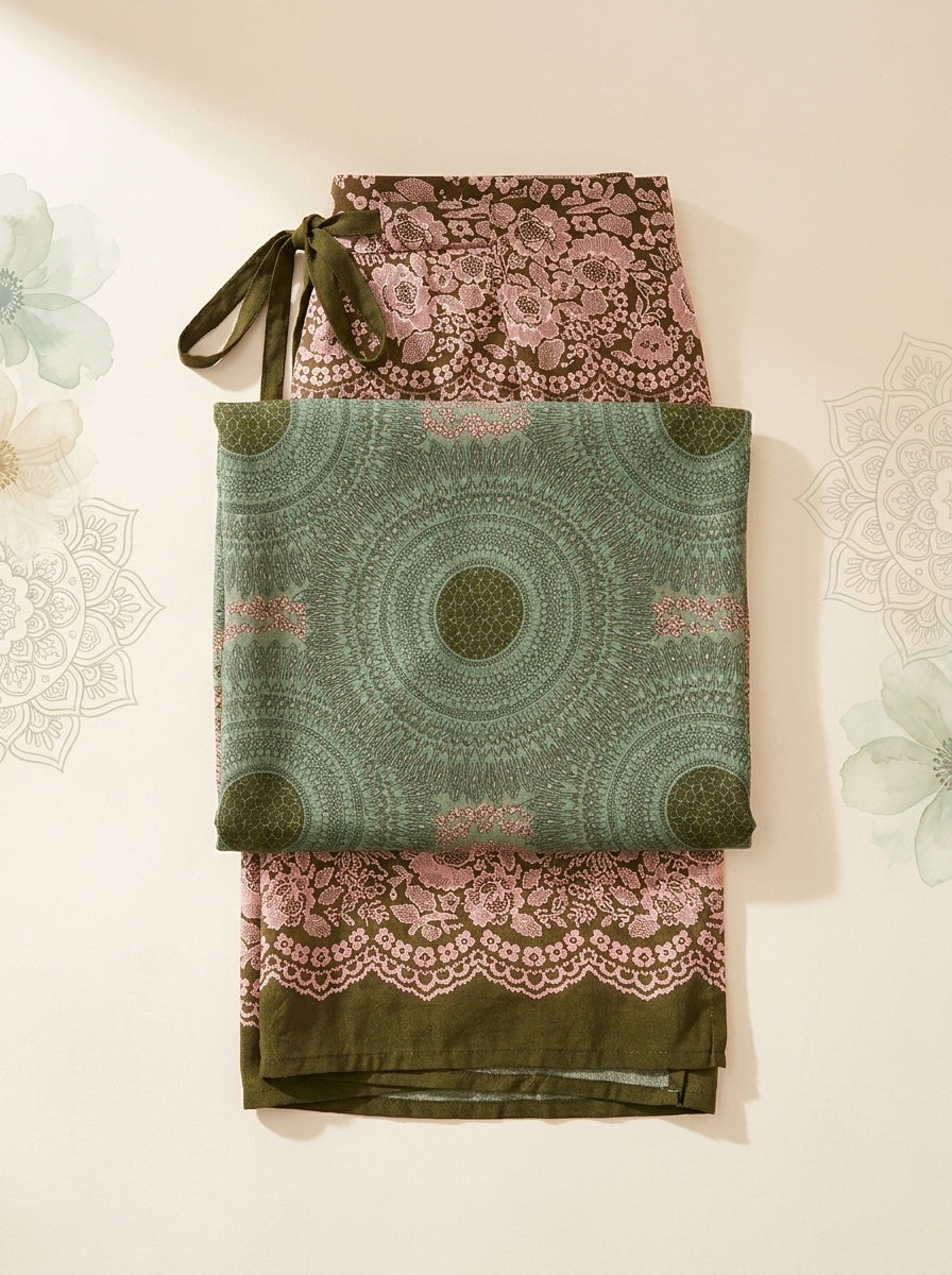 Mandala Wrap Palazzo Pants in Sage Rose, folded flat