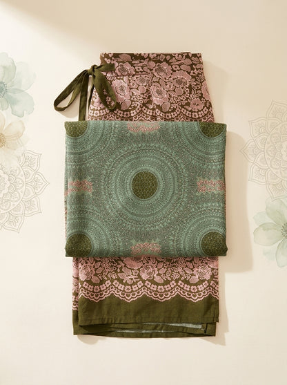Mandala Wrap Palazzo Pants in Sage Rose, folded flat