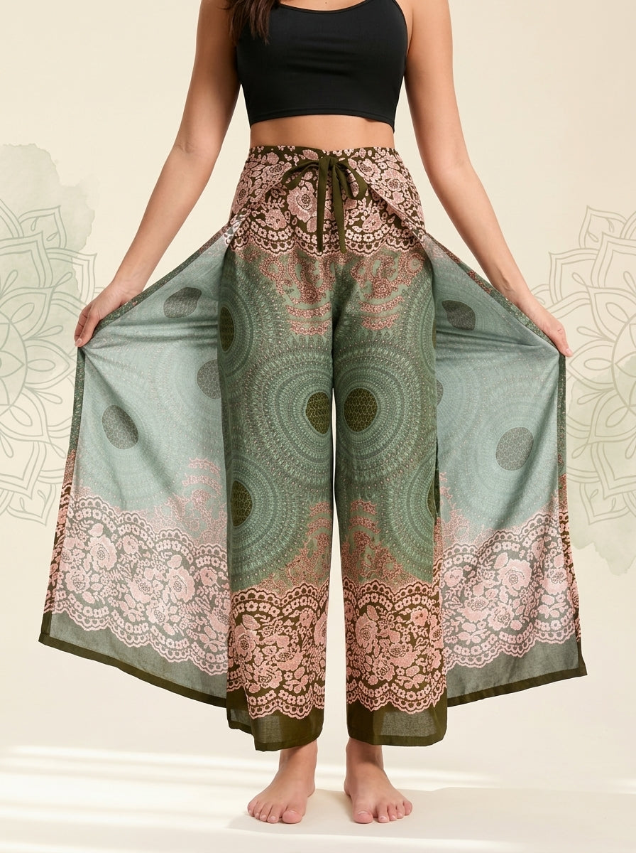 Mandala Wrap Palazzo Pants in Sage Rose, front view