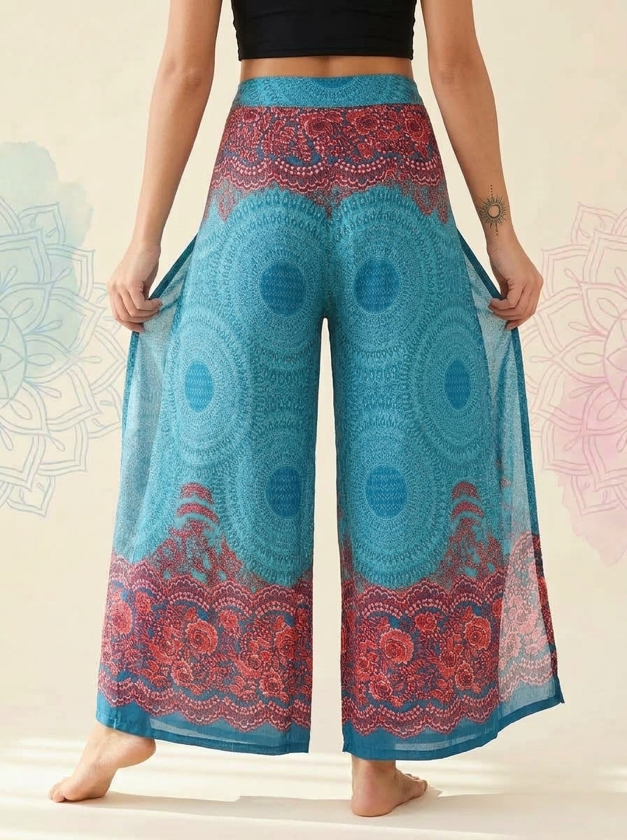 Mandala Wrap Palazzo Pants in Turquoise Coral, back view