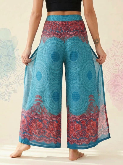 Mandala Wrap Palazzo Pants in Turquoise Coral, back view