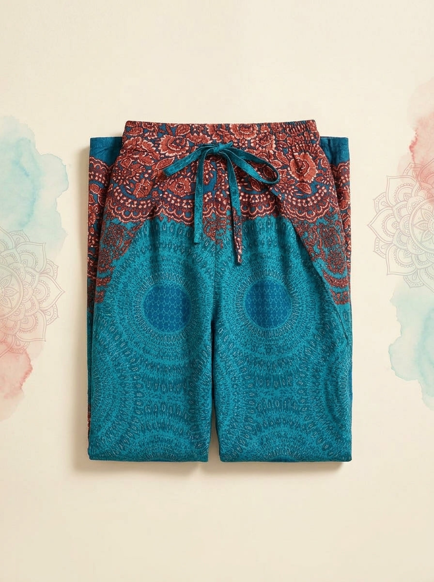 Mandala Wrap Palazzo Pants in Turquoise Coral, folded flat