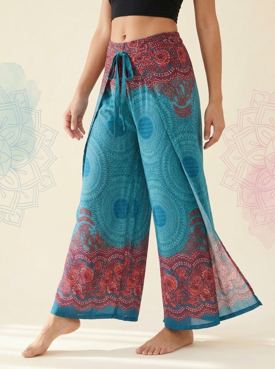 Mandala Wrap Palazzo Pants in Turquoise Coral, side view
