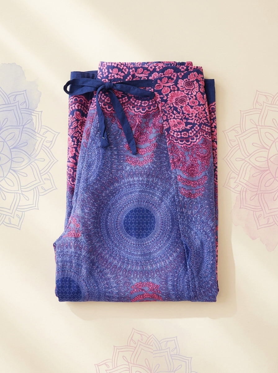 Mandala Wrap Palazzo Pants in Violet Pink, folded flat