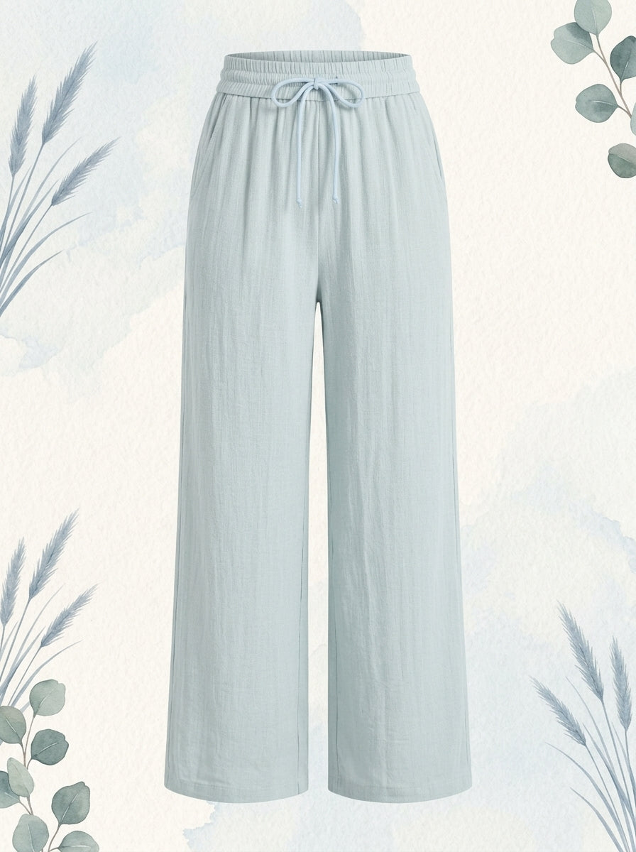 Linen-Feel Wide-Leg Drawstring Pants in Delicate Blue, flat lay