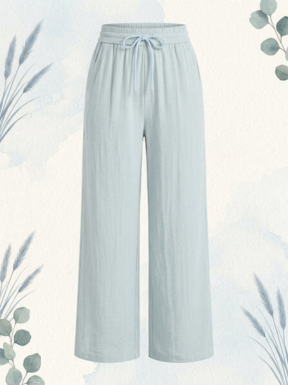 Linen-Feel Wide-Leg Drawstring Pants in Delicate Blue, flat lay